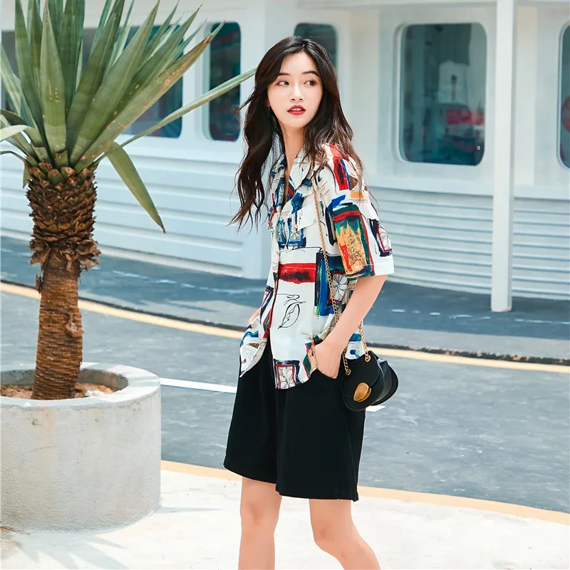 Женская винтажная блузка Cheerart летняя рубашка с коротким рукавом и лацканами 2019 |