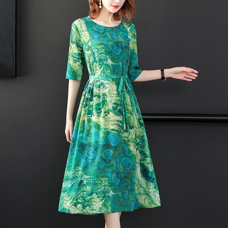 Женское винтажное шелковое платье зеленое большого размера с рукавом до локтя в