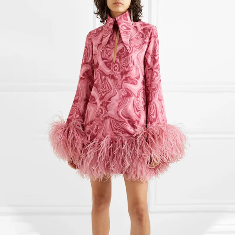 COLOREE Runway Designer Women Mini Dress Elegant Red/Green Ostrich feather Patchwork Dress Vintage Long Sleeve Autumn Dress