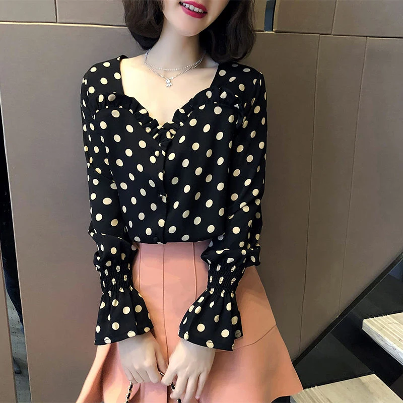 Женская шифоновая блузка с длинным рукавом Повседневная Блузка в горошек