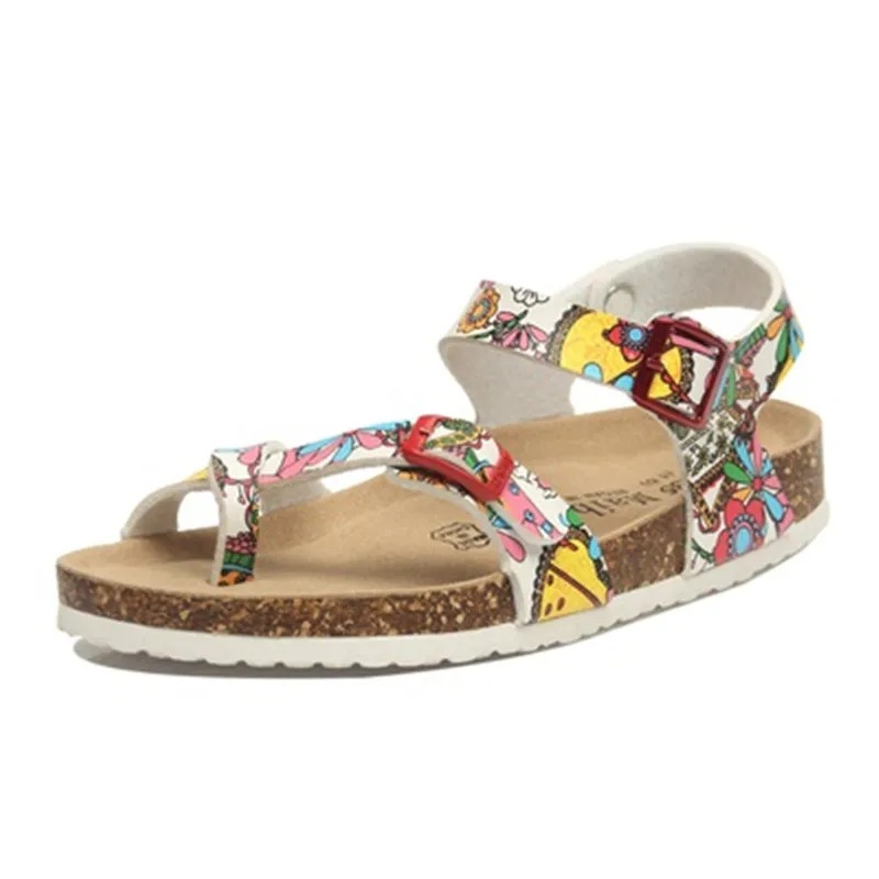 

2022 Classic Cross Strap Buckle Summer Woman Platform Sandals Leather Print Cork Sole Slides Comfortable Casual Flat Beach Shoes
