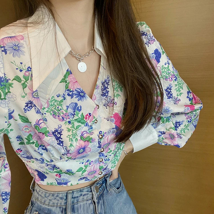 

vetement femme hot chiffon floral Blouses Spring and autumn shirts high quality Women's Clothing Korean style fashion crop tops