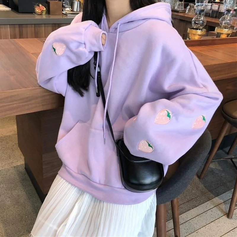 

HOUZHOU Harajuku Purple Hoodie Kawaii Korean Fashion Soft Girl Oversize Strawberry White Pullovers Aesthetic Velvet Sweatshirts