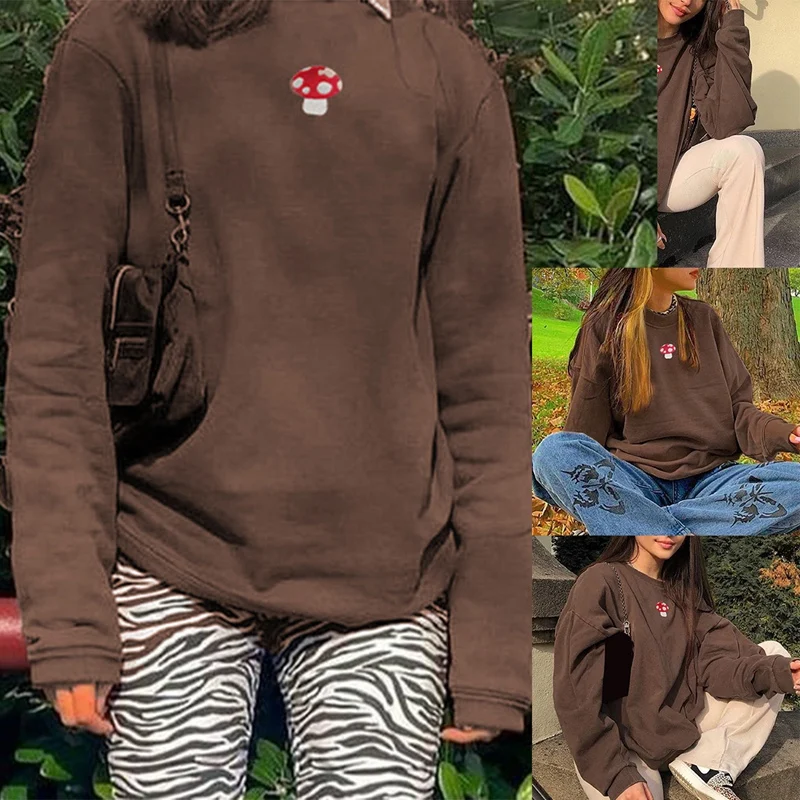 

Women's Fashion Embroidered Loose Round Neck Long Sleeve Sweatshirt Brown