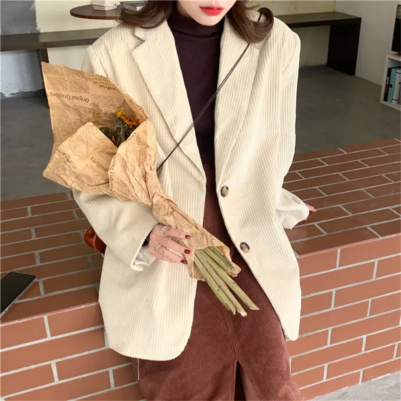 

HziriP 2020 Vintage Apricot Retro Casual Elegance Corduroy Women Slim Loose Solid All Match Brief Chic Office Lady Blazers