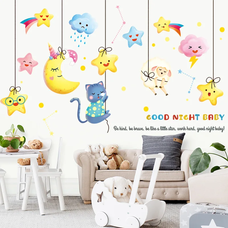 

New Cartoon Moon Cat Nebula Sheep Kid's Room Wall Stickers Girl Baby Room Home Decor Wallpaper Nursery Background Wall Stickers