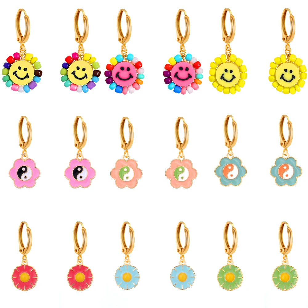 

Korean Cute Flower Smiling Face Hoop Earrings For Women Colorful Enamel Flower Tai Chi Yin Yang Circle Earrings Fashion Jewelry
