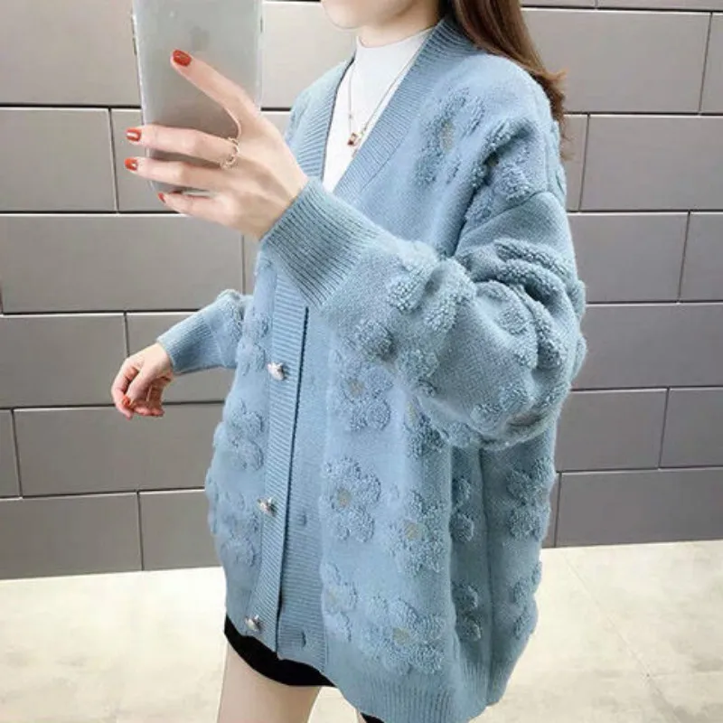 Knit Cardigan Sweater 2021 Spring Autumn New Loose Casual V Collar Lantern Sleeves Lazy Wind Hook Flower Women Y192 |