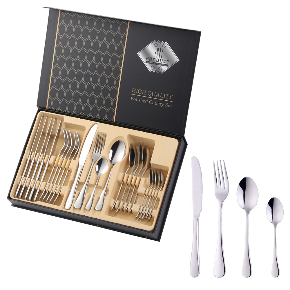

24 шт., золотой набор столовых приборов, посуда из нержавеющей стали, вилка, ложка, нож, набор посуды, чайные ложки, набор кухонной посуды с коробкой