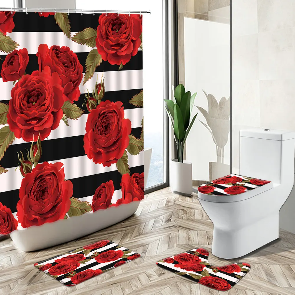 Miglior Red Rose Fiore In Fiore Tenda Per Doccia Papavero Strisce Bianche Nere Arte Creativa Antiscivolo Piedistallo Tappeto Copriwater Set Da Bagno