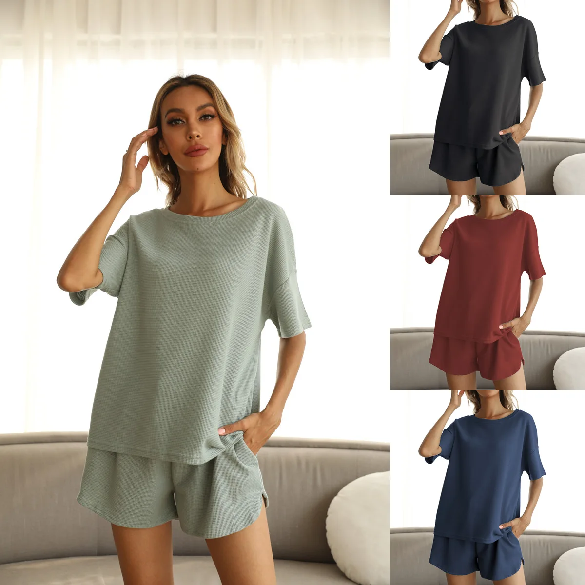 

2021 Spring Summer New European And American Women's Rib Short-Sleeved Home Solid Color Casual Two-Piece Suit