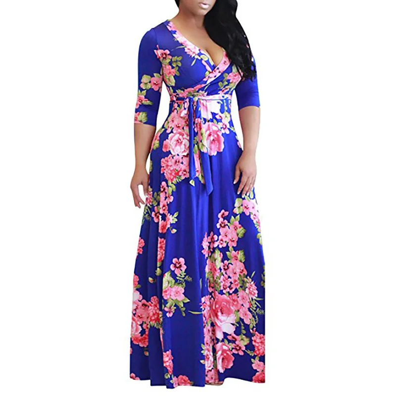 

2021 European and American Autumn Ladys Printed Dress New Large Size Dress Women's Long-sleeved V-neck Waist Dress for Girl