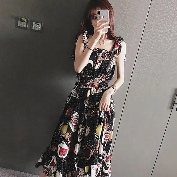 

Ladies Dress 2021 Spring Summer Sun Moon Playing Card Printing Slim Elegant Sling Length Short Dress Plus Size S-XL Dresses