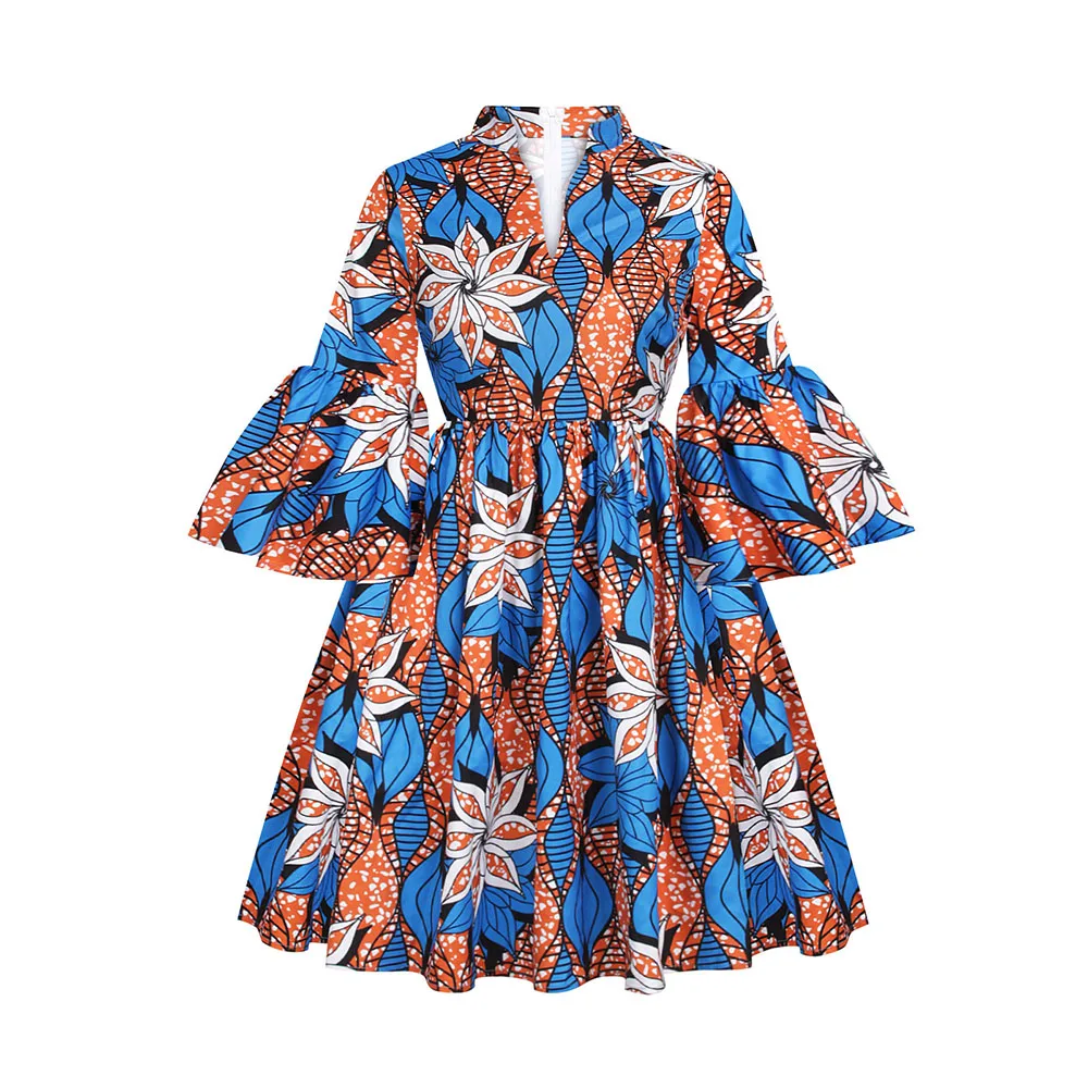 

2021 Summer New Western Style African Oversize Digital Printing Flared Sleeves Women's Dress High Waist V-neck