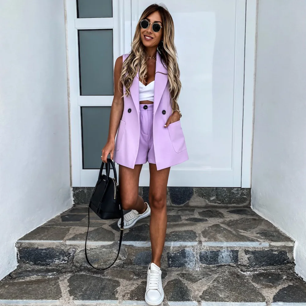 

Women Sleeveless Solid Button Up Elastic Waist Blazer Tops And Pocket Shorts Set Elegant Office Ladies Suits Women Workwear D30