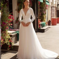 simple tulle wedding dresses 2022 backless long sleeves bridal gown deep v neck a line sweep train for elegant women