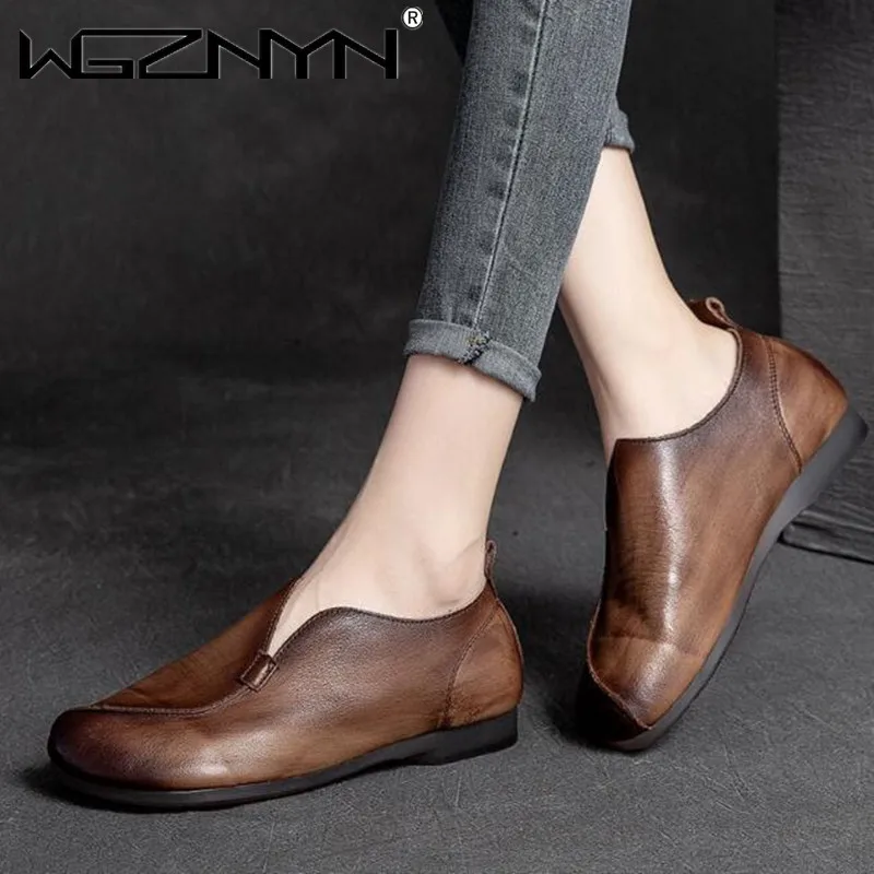 

2021 NEW Handmade Women Shoes Retro Shallow Slip on Casual Loafers Ladies Genuine PU Leather Flat Shoes Pregnant Woman Loafers