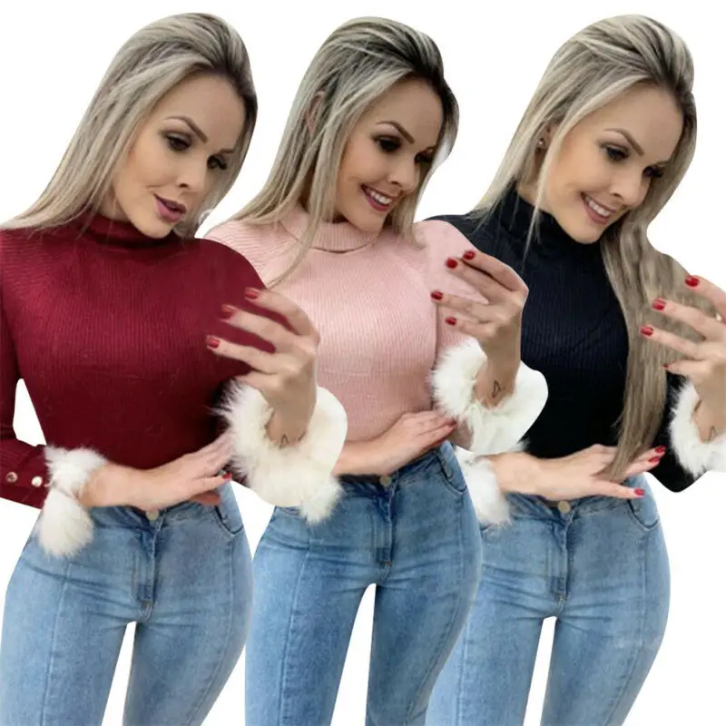 2019 Newest Hot Women Long Flare Plush Sleeve Turtleneck Knitted Sweaters Jumper Warm Knitwear Female Ladies Slim Winter Wear | Женская