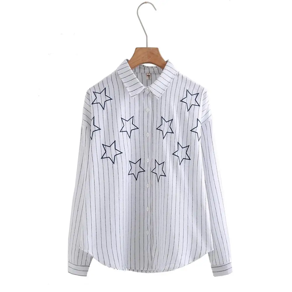 

Женская блузка с длинным рукавом и вышивкой в виде звезд, женские блузки в полоску, повседневные рубашки для женщин