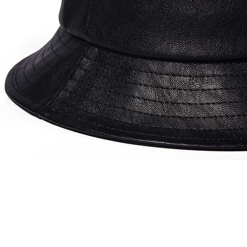 

2021 Autumn Soft PU Leather Bucket Hats Adult Solid Color Big Size Fisherman Hat Men Women Foldable Hiphop Hats 59cm