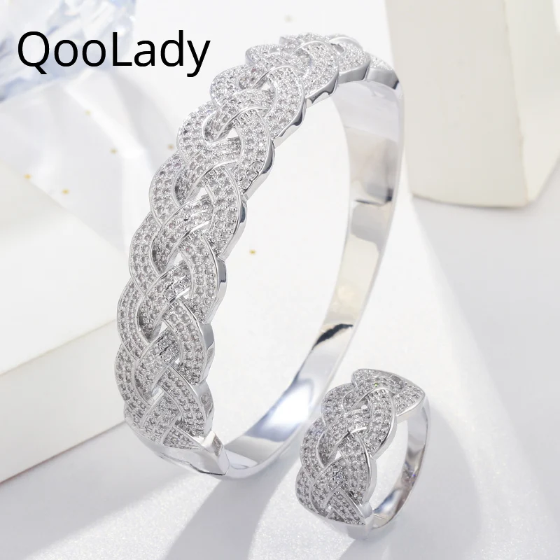 

QooLady Unique African Yellow Gold CZ Stone Open Cuff Bangles Ring for Women Popular Bridal Wedding Jewelry Set Accessories Z032