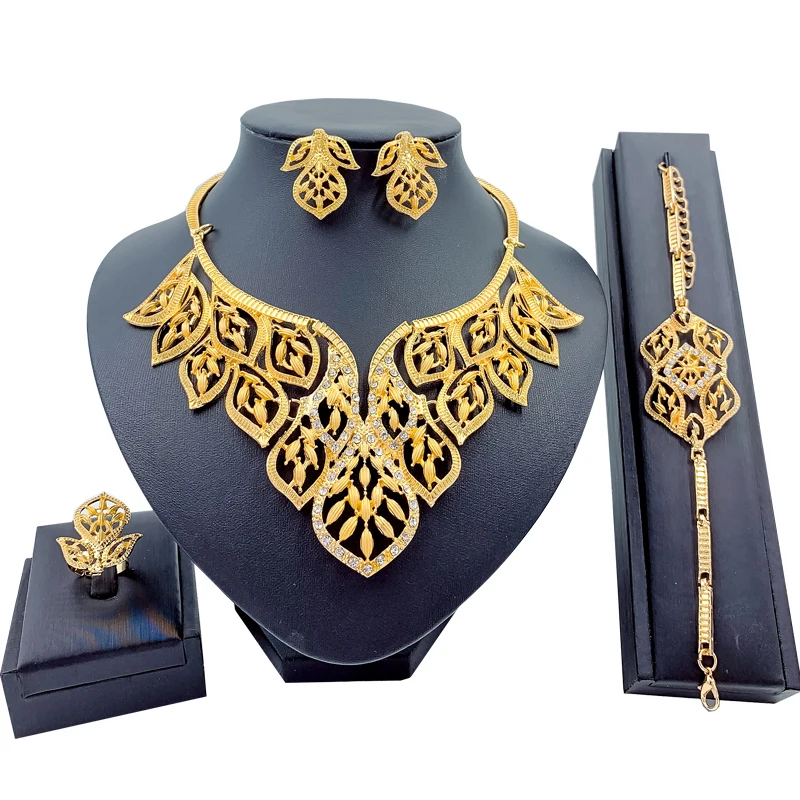 

Nigeria Fashion Jewelry Sets African Leaf Shape Crystal Necklace Bracelet Elegant Women Earrings Ring Wedding Jewelry