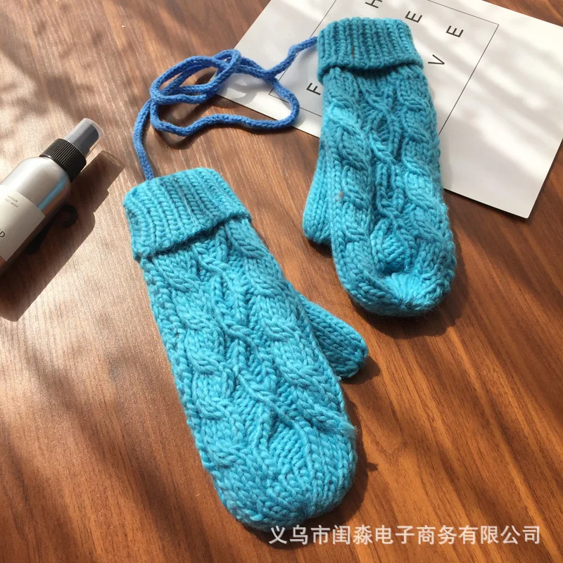 blue Женские однотонные шерстяные вязаные перчатки без пальцев на шее, зимние теплые утолщенные женские перчатки, милые варежки - Цвет: blue
