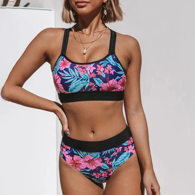 

Mossha Sport floral print bikini set Bandeau push up swimwear women High waist swimsuit Hollow bathing suit Vintage beach wear