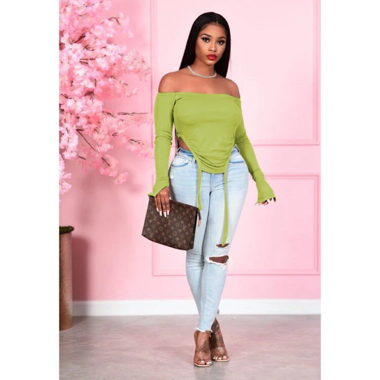 

Brief Style One Shoulder Long Sleeve Bottoming Shirts Women Blouse Autumn New Ladies Slash Neck Slim Tops Casual Female Tee