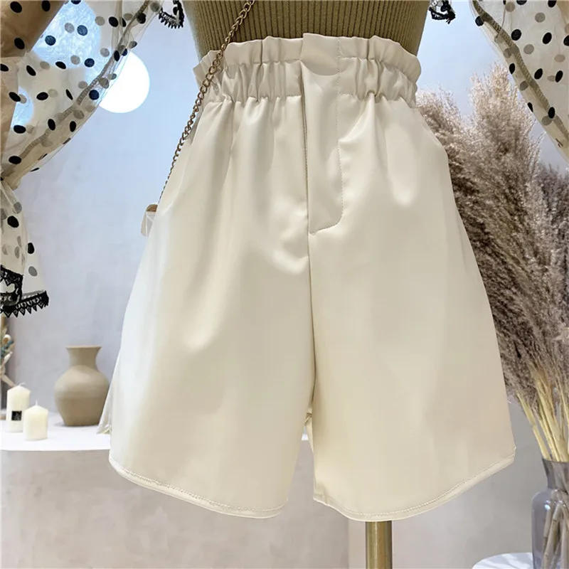 

NEW Niche Design Women's Clothing 2021 Autumn PU Leather Casual Pants Elastic High Waist Versatile A-line Wide Leg Short Pants