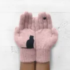 Перчатки женские шерстяные с кошачьим принтом, Осень-зима