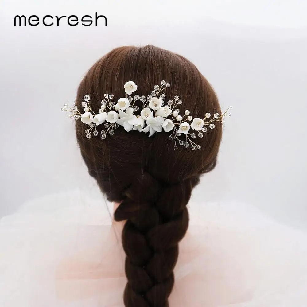 Mecresh White Flower Beads Wedding Hair Accessories Comb Gold Color Handmade Women Bridal Headpiece Ornaments FS334 | Украшения и