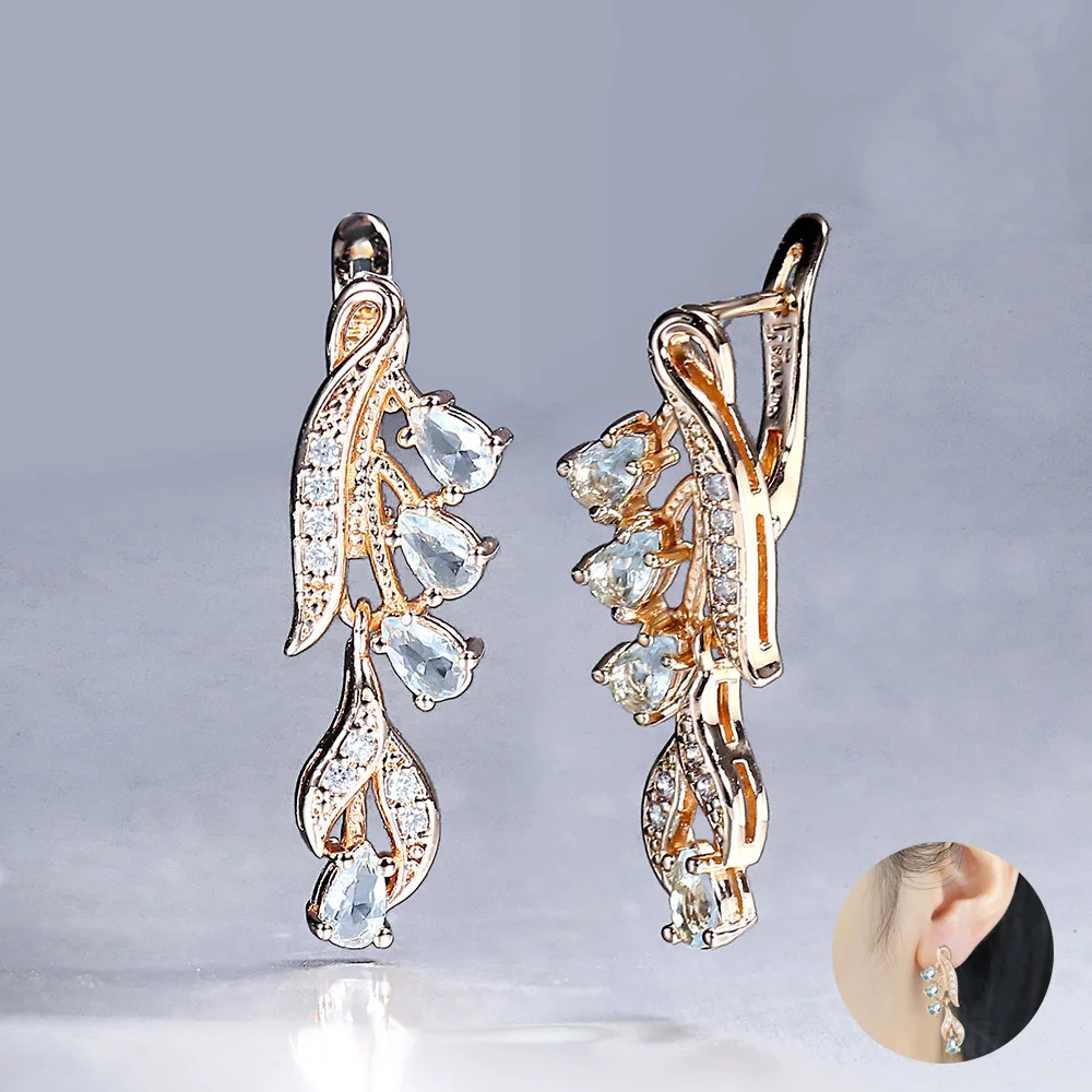 

Womens Earrings Leaf Teardrop Olivine Blue CZ 585 Rose Gold Color Dangle Drop Earrings for Women Cubic Zirconia Snap LGE195