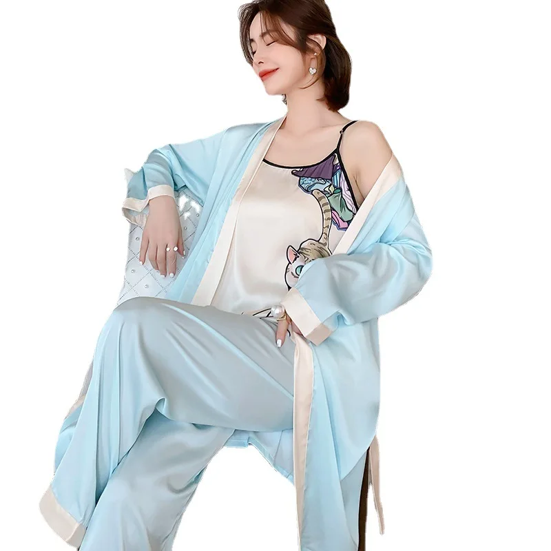 

Satin 3PCS Pajamas Set Print Sleepwear Women Robe Suit Kimono Gown Faux Silk PJS Cute Pijamas Lounge Wear Home Clothes