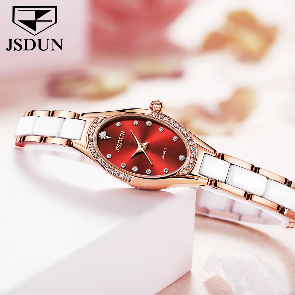 JSDUN 2021 New Fashion and Elegant Ladies Stainless Steel Watch Ladies Ceramic Sparkling Diamond Mini Watch Reloj Mujer 8842