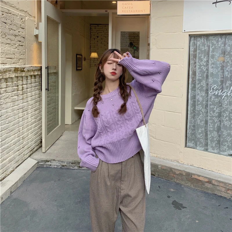 

New Hollow Twist Knitted Sweater Women Autumn Sweet Casual Loose O-neck Pullovers Female Solid Color Sweaters Jumper
