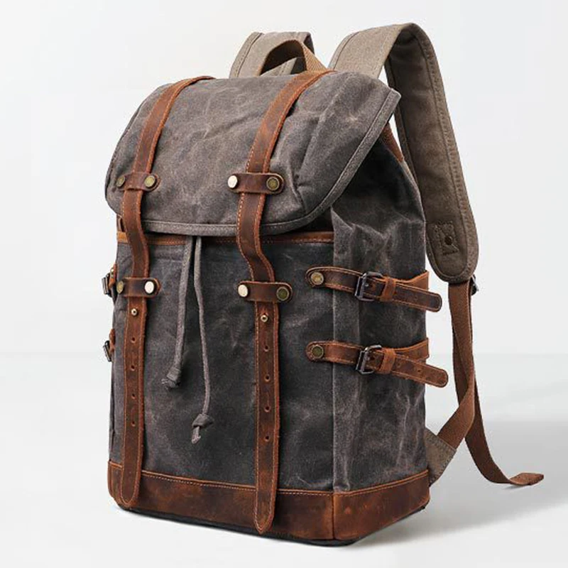 Fashion Waterproof Waxed Canvas Backpack Men Genuine Leather Women Backpack large Rucksale teenager Travel Bag Large bagpack