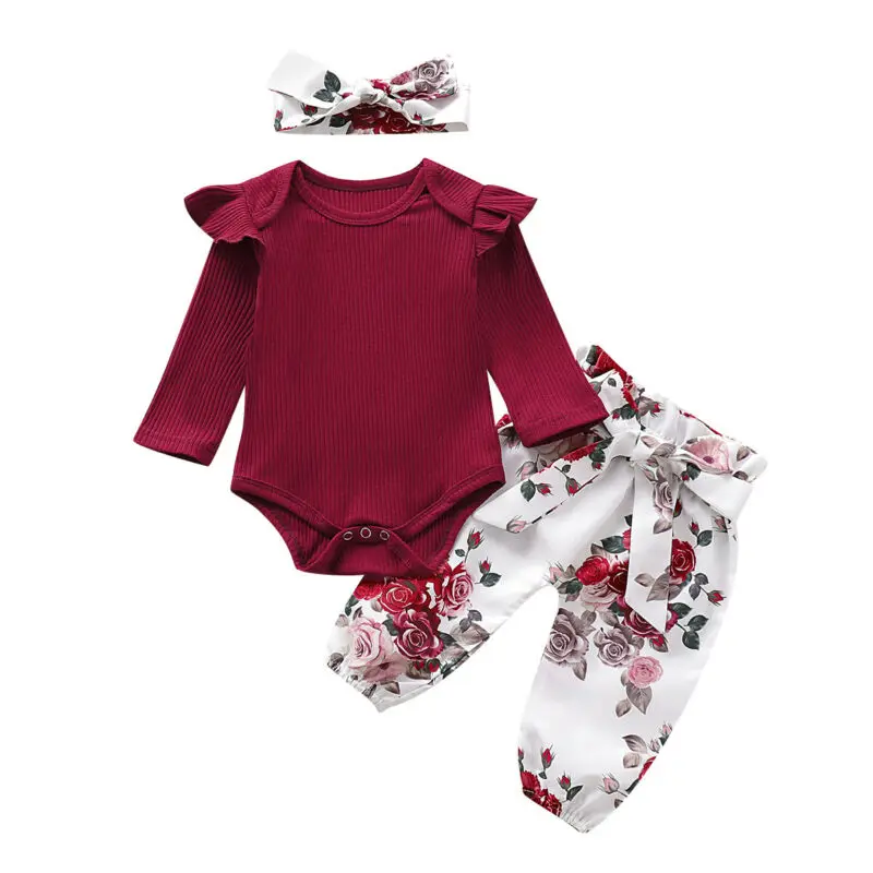

Focusnorm Casual Newborn Infant Baby Girl Clothes Set Flower Tops Romper Leggings Headband 3PCS Outfits Set Clothes USA