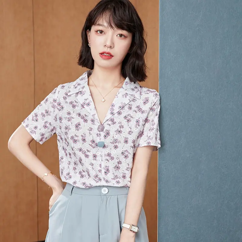 

2021 New Summer Women Blouses Casual Short Sleeve Print Embriodery Chiffon Shirts Fashion Slim Elegant Office Lady Tops Clothing