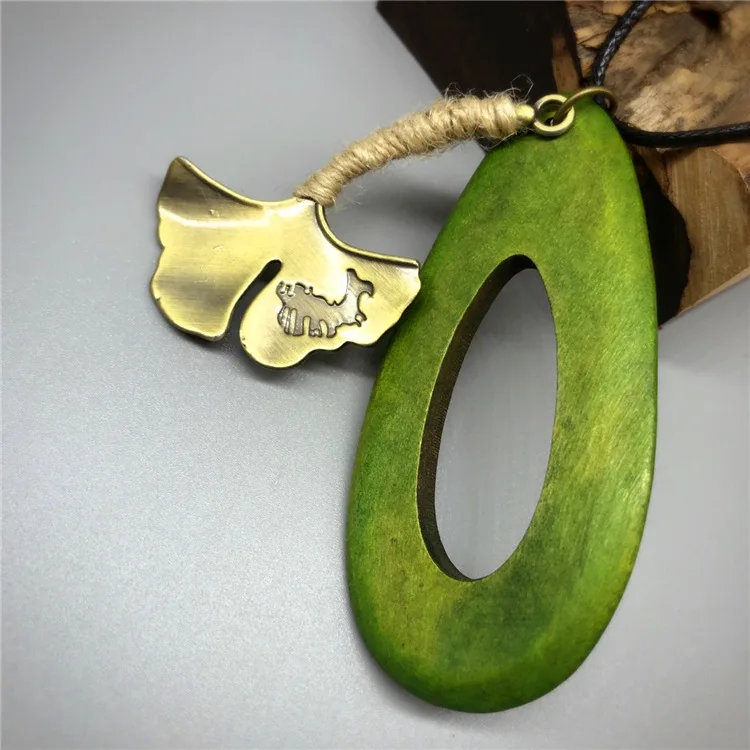 Древний зеленый кулон Любителя кофе овальный деревянный лист Гинкго Ожерелье