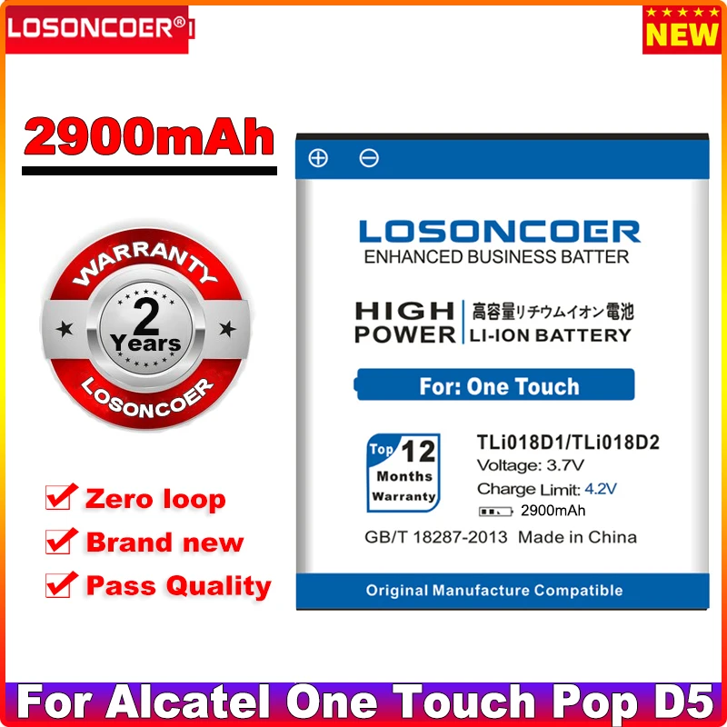 

Аккумулятор LOSONCOER TLi018D1 2900 мАч, батарея TLi018D2 для Alcatel One Touch Pop D5 Dual 5038x OT5038X 3 5015D OT 5016