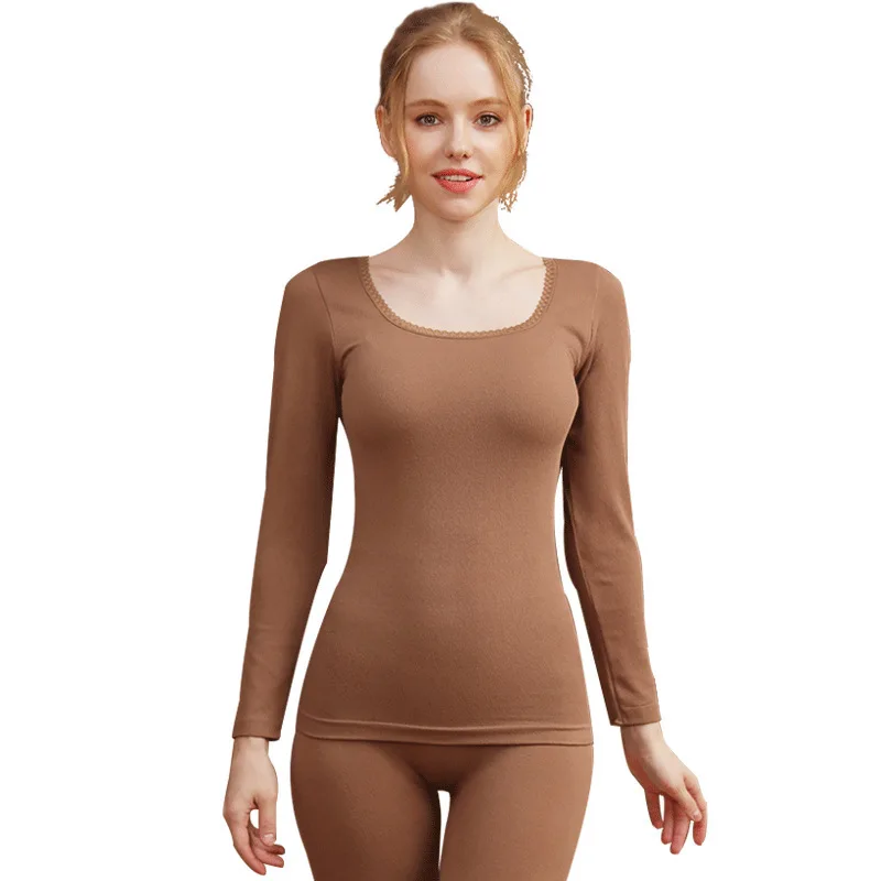 

Seamless Thermal Underwear Women's New Square Collar Lace Autumn Clothes Long Pants Suit Pure Color Ladies Slim Breathable 2020