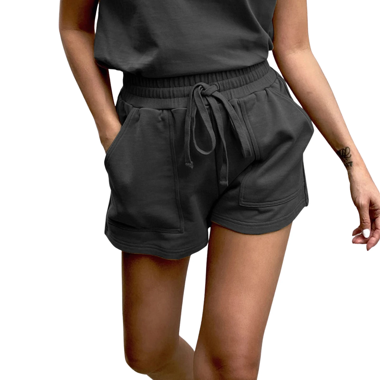 

2021 Women Casual Solid Color Shorts with Pockets High Waist Drawstring Short Pants for Summer