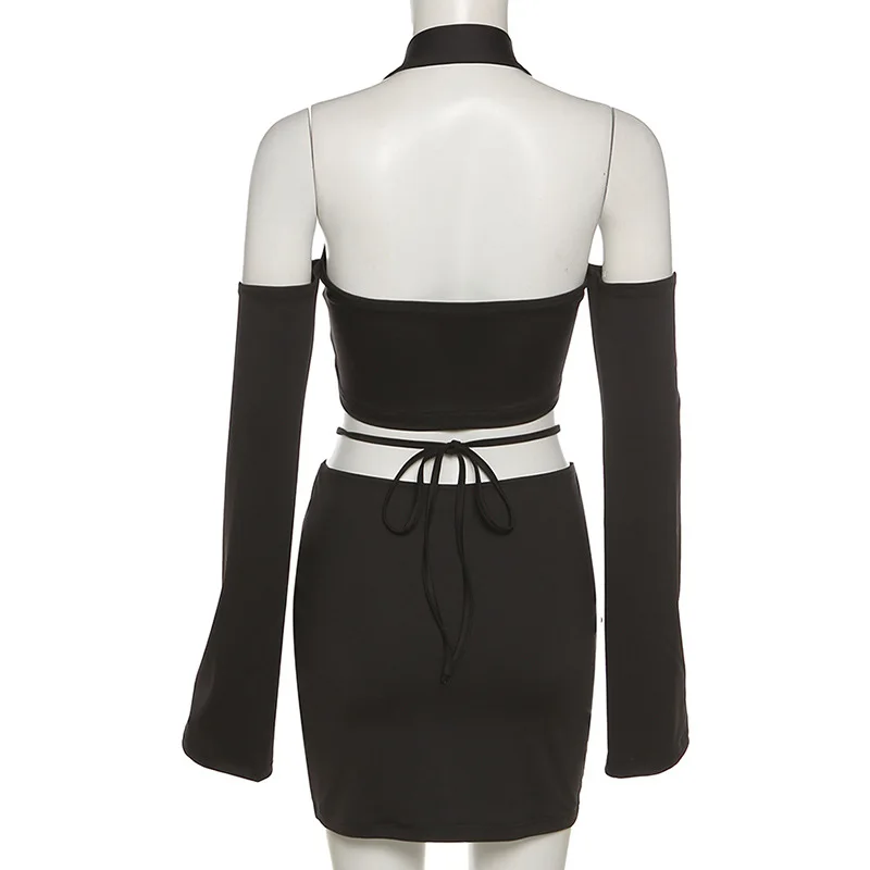 

2 Piece Set Skirt Top Suits Sexy Women Halter Neck Long Sleeve Short Tops Mini Skirt Elastic Waist Slim Fit Summer Skirt Suit