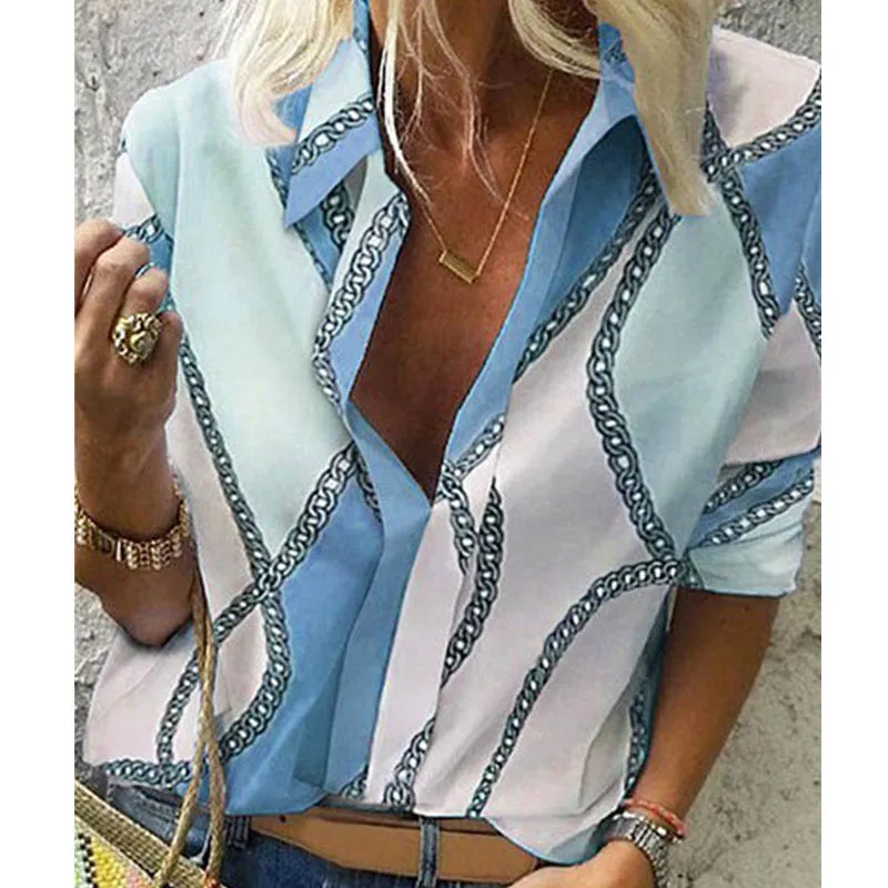 Chain Blue Весенняя женская блузка для отдыха, топы, женские офисные блузки с цепным принтом, женские стильные блузки с длинным рукавом, женские 5XL - Цвет: Chain Blue