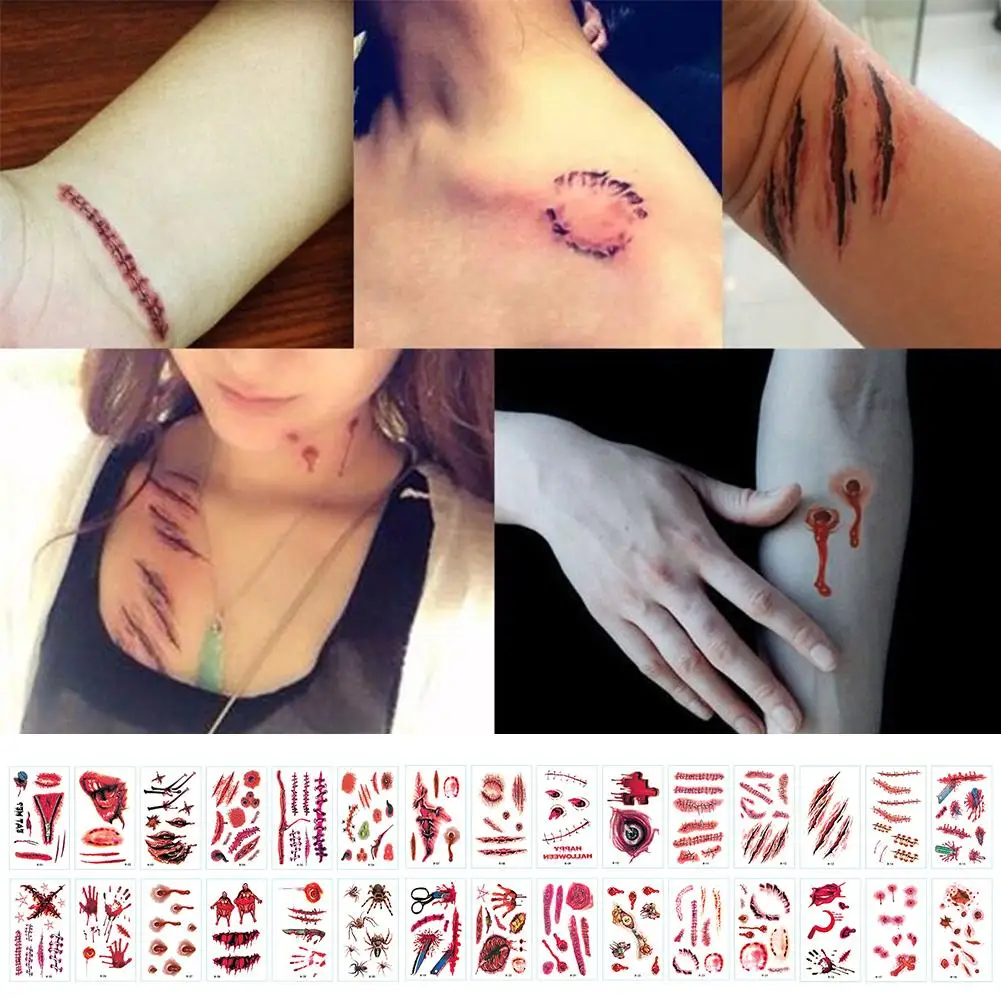 

30Pcs Halloween Scar Tattoo Stickers Realistic Temporary Tattoo Stickers Body Fake Scab Halloween Party Tatoo Sticker Makeup