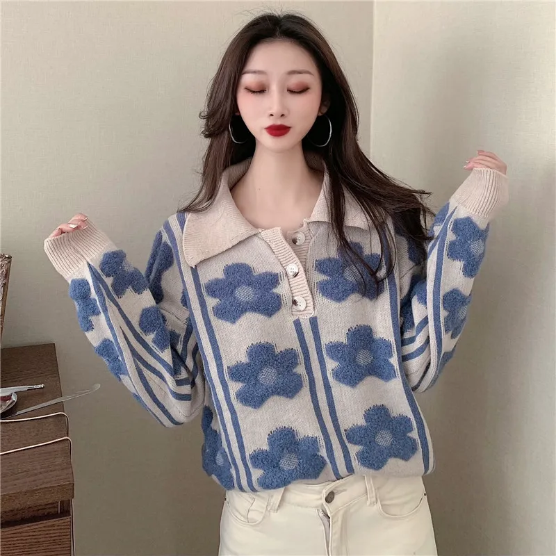 

New Autumn Winter Clothes Women Sweaters Knitted Floral Loose Pullovers Vintage Style Fashion Brand Female Turn-down Collar