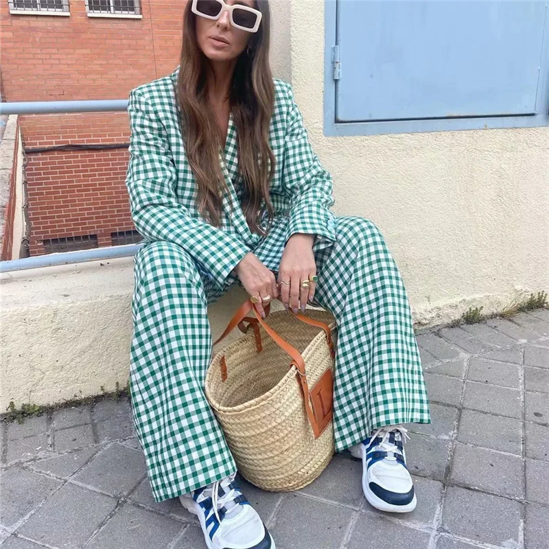 Женский блейзер в клетку весенний двубортный свободный зеленый Блейзер 2021 |