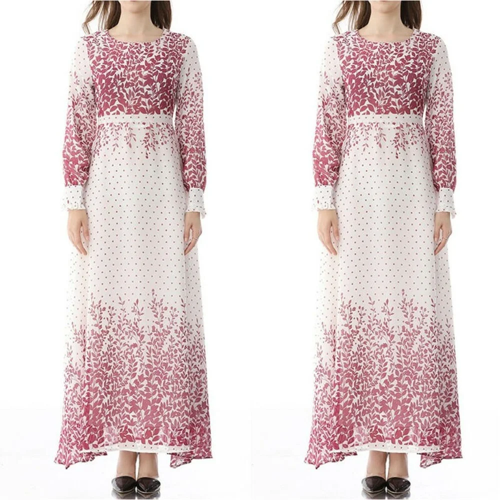 

Muslim Womens Floral Long Sleeve Round Neck Ladies Fashion Islamic Maxi Dress