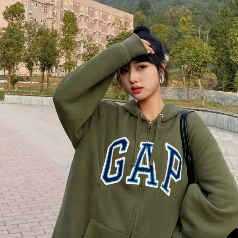 

Large Letter Embroidery Cotton Hoodie Loose Women's Zipper Plus Size Hoodie Spring And Autumn Extra Large Round Neck Y2k Tops